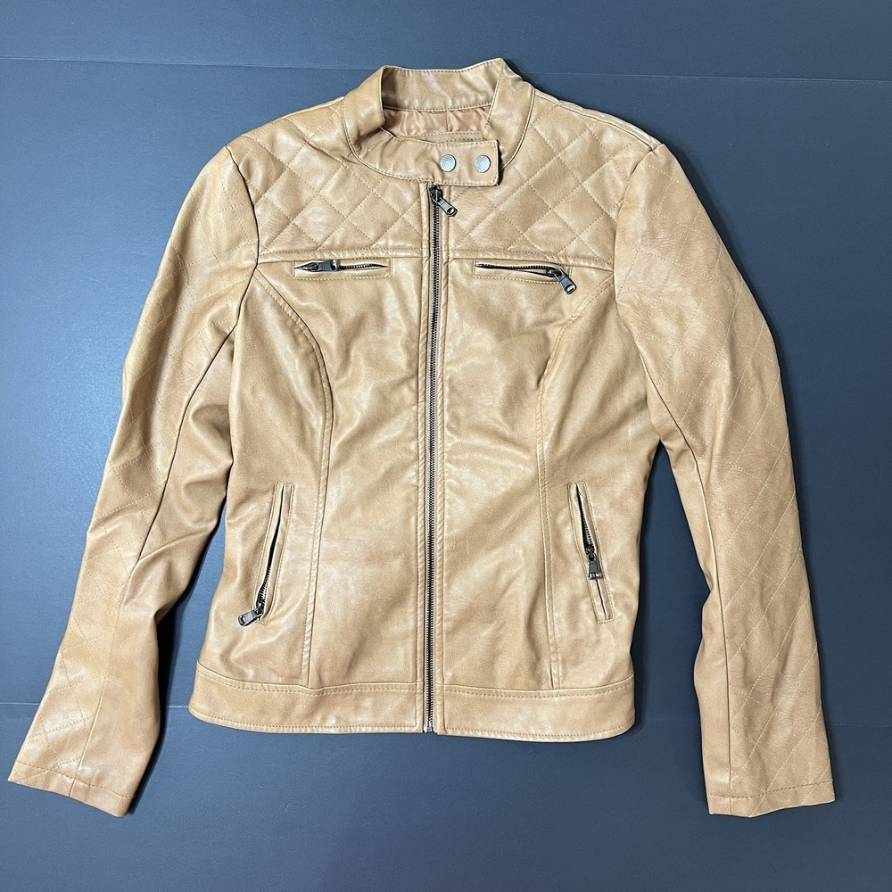 Ci Sono Faux Leather Jacket Women's Size Medium Tan Biker Grunge Motorcycle - Picture 3 of 7